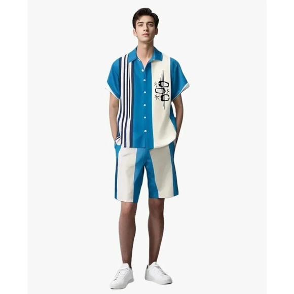 ❤️Men Blue Print Short Sleeve  Hawaiian Fit Casual Button Down Beach Shirts - Picture 5 of 7